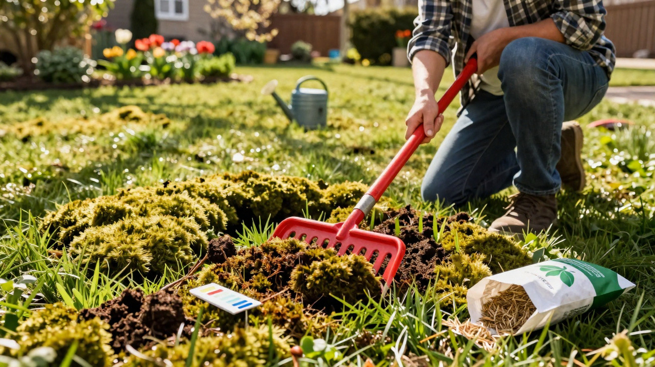 Person using a red garden fork to prepare soil for planting in a backyard garden bed.