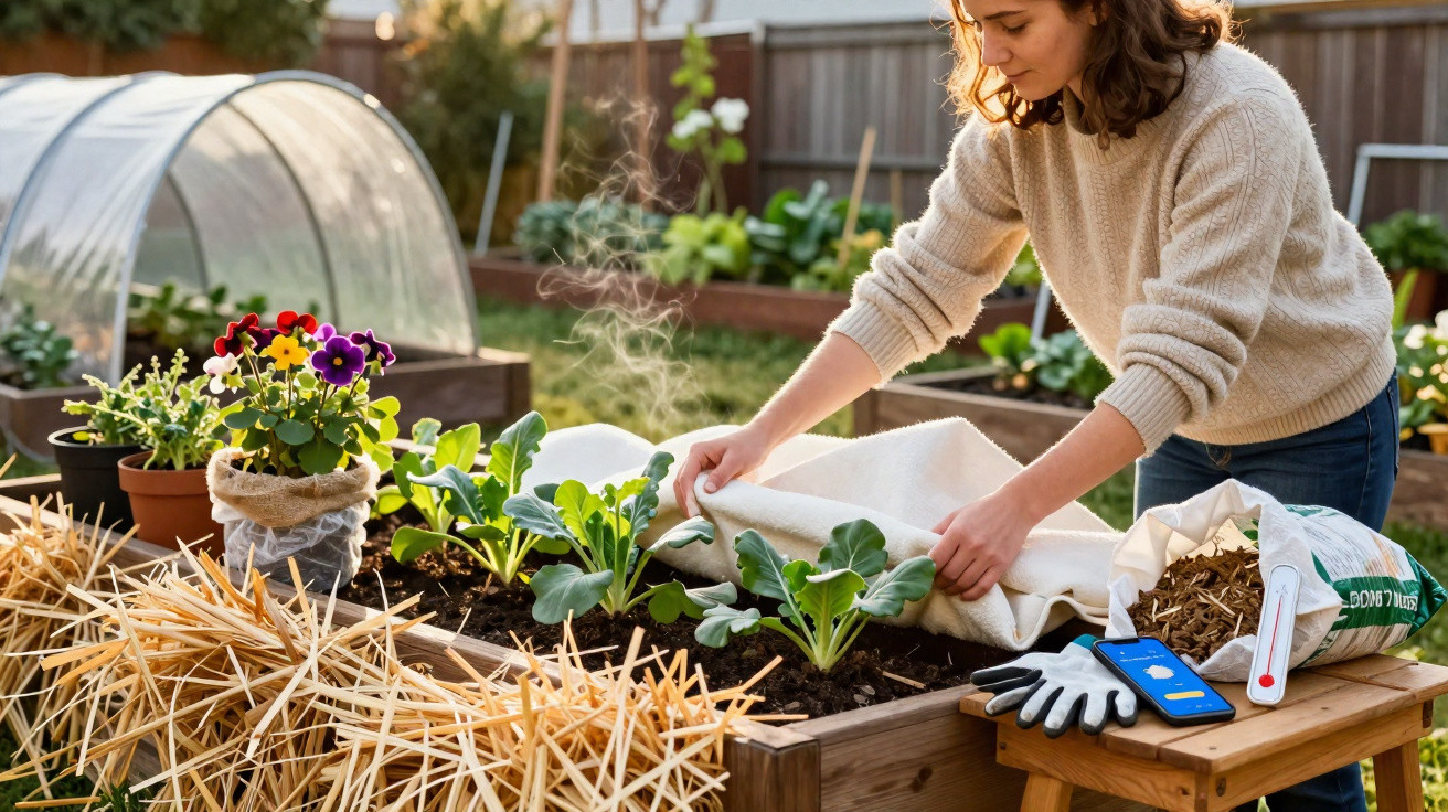 Person covering young vegetable plants with a cloth in a raised garden bed at home.