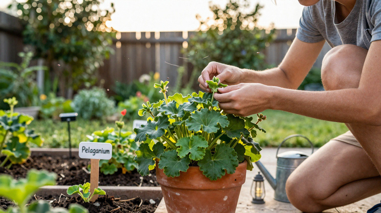 Person tending to a pelargonium plant in a terracotta pot in a garden on a sunny day