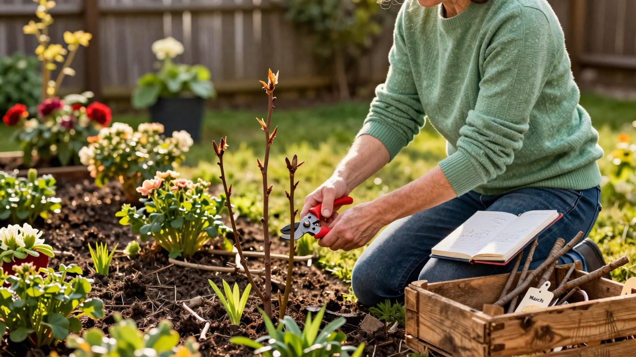 Person pruning a small rose bush in a garden with gardening tools and a notebook nearby.