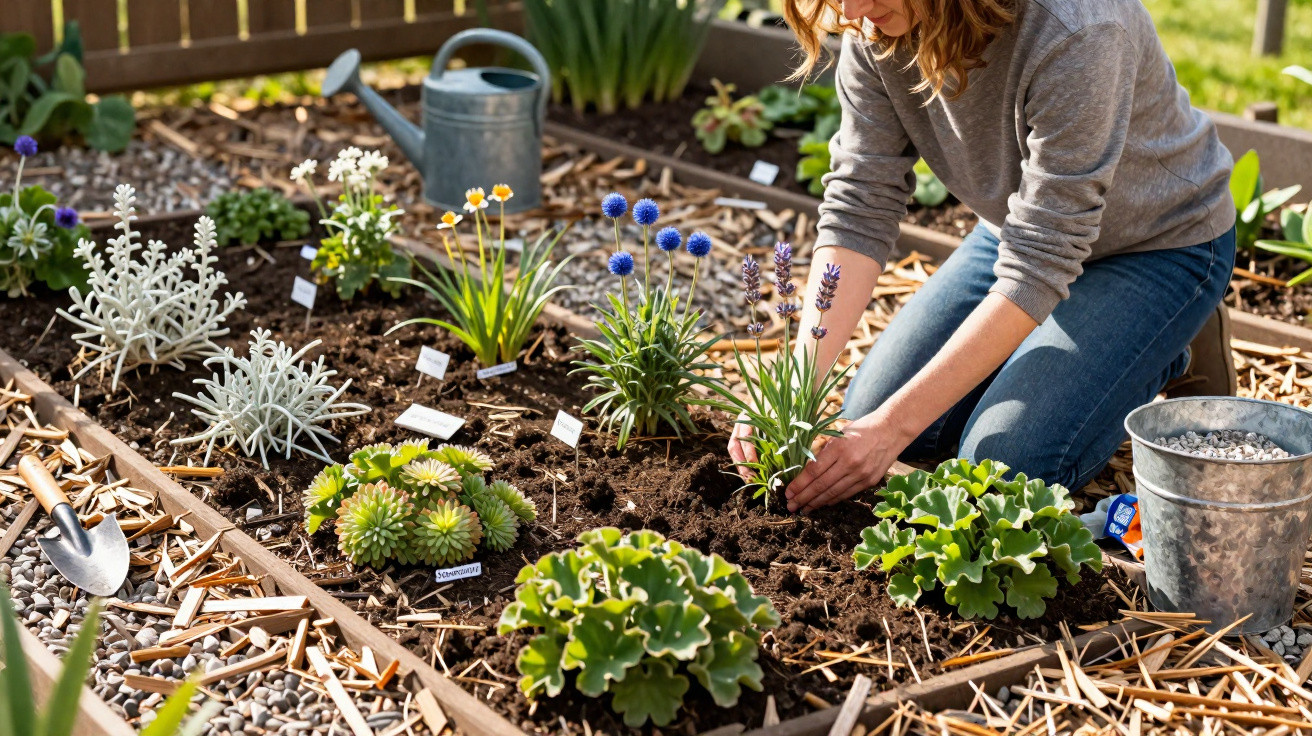 Person planting purple flowers in a labelled garden bed with various plants and gardening tools nearby.