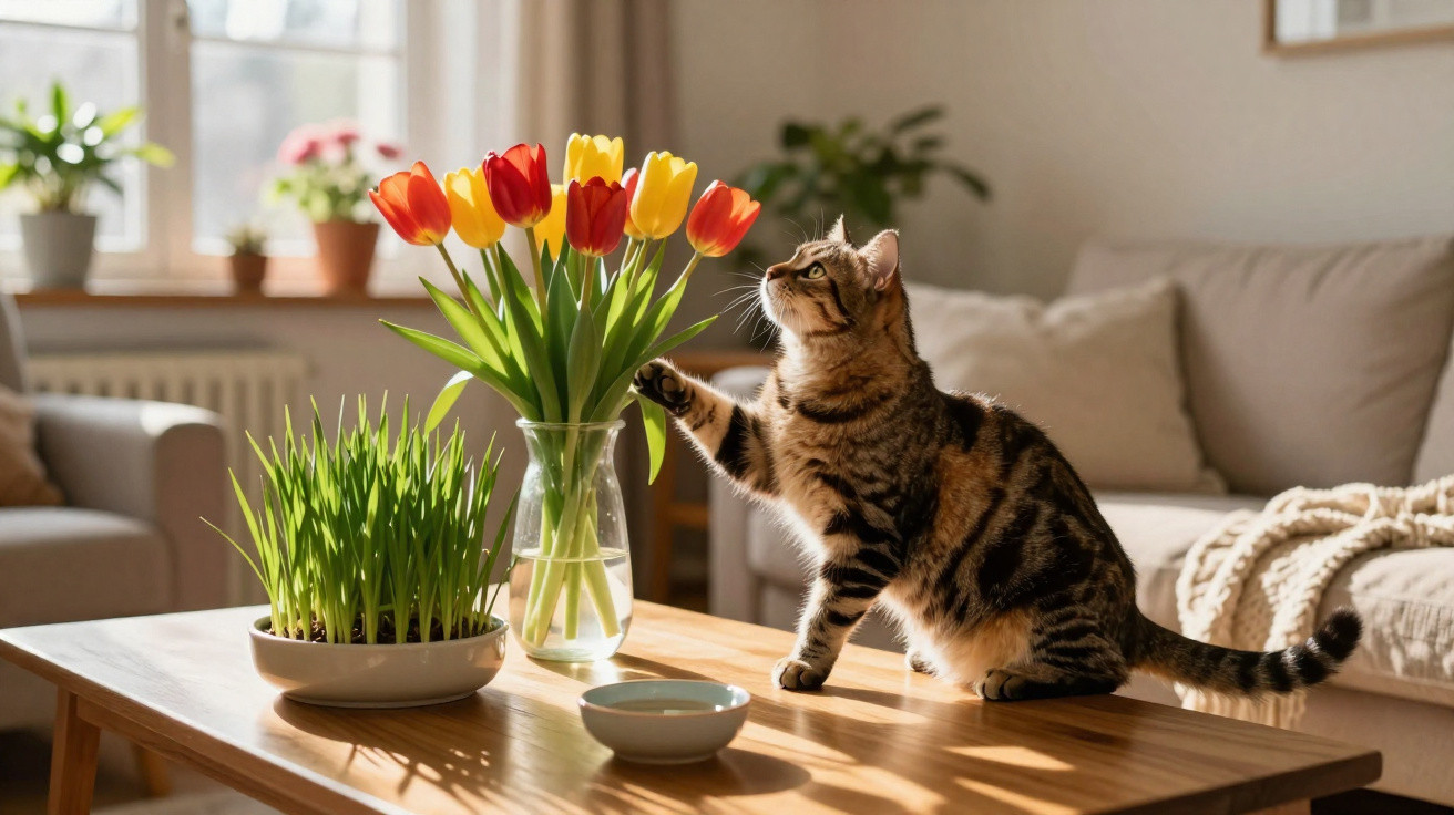 Tabby cat reaching out to a tulip in a vase on a sunlit wooden coffee table in a cozy living room.