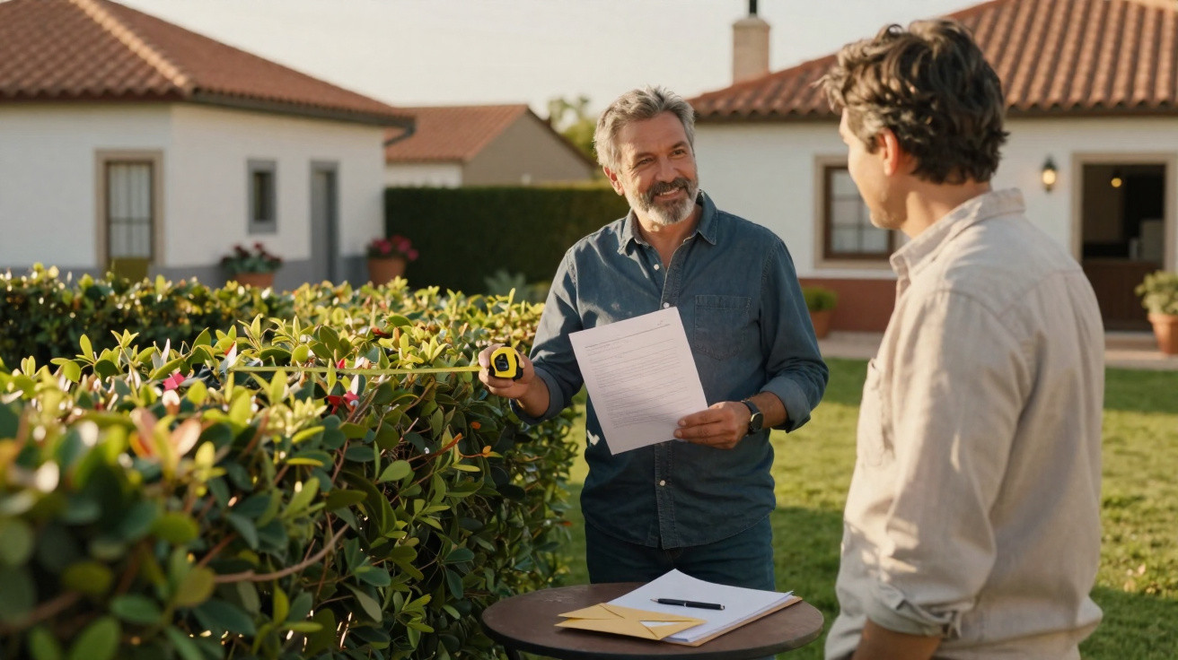 Two men discussing while measuring a hedge with a tape measure in a residential garden.
