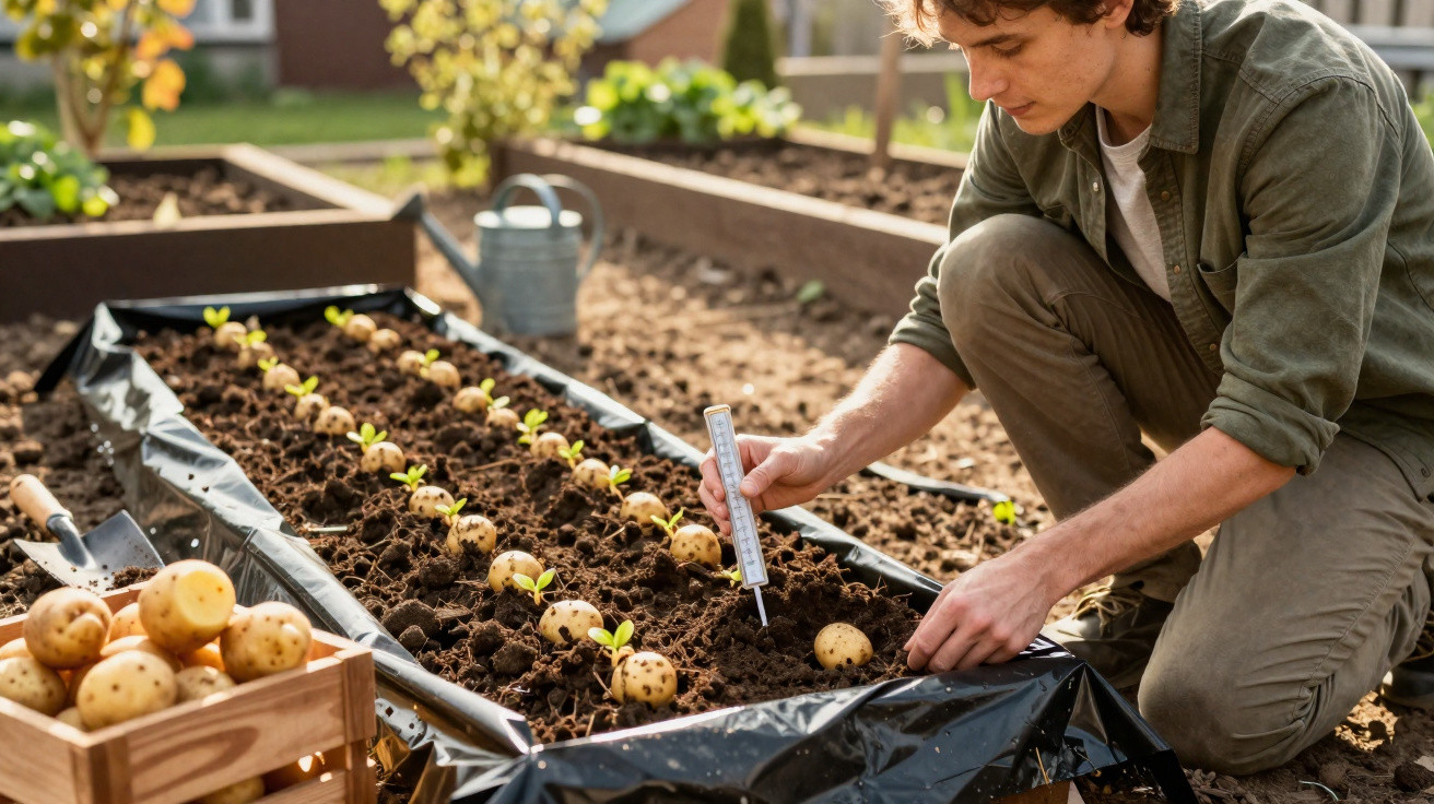 Man planting seed potatoes in garden bed using soil thermometer on a sunny day.