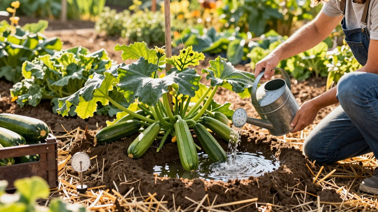 Person watering a healthy zucchini plant growing in a garden with straw mulch and a wooden crate nearby.