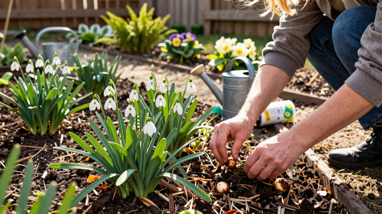 Person planting flower bulbs in a garden bed with blooming snowdrops and daffodils nearby.
