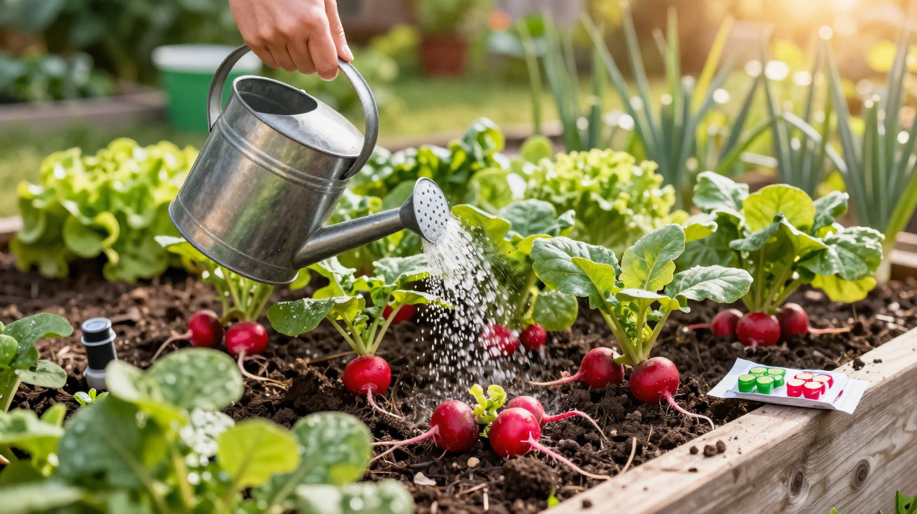 Hand watering bright red radishes growing in a raised garden bed with green leafy plants around and a packet of seeds nearby.
