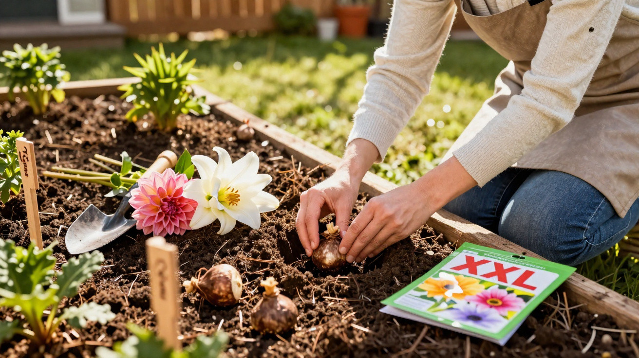 Person planting flower bulbs in a garden bed with seed packet and gardening tools nearby on a sunny day.