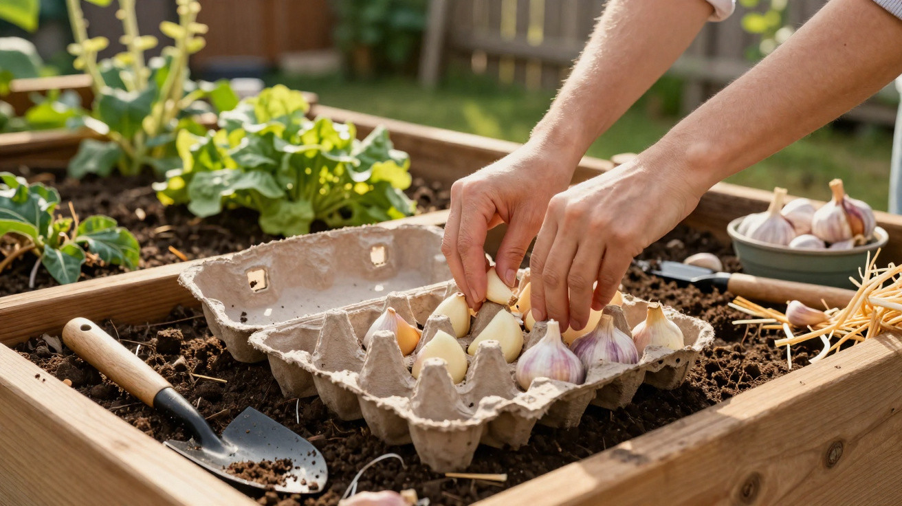 Hands planting garlic cloves from an egg carton into soil in a raised garden bed with gardening tools nearby.
