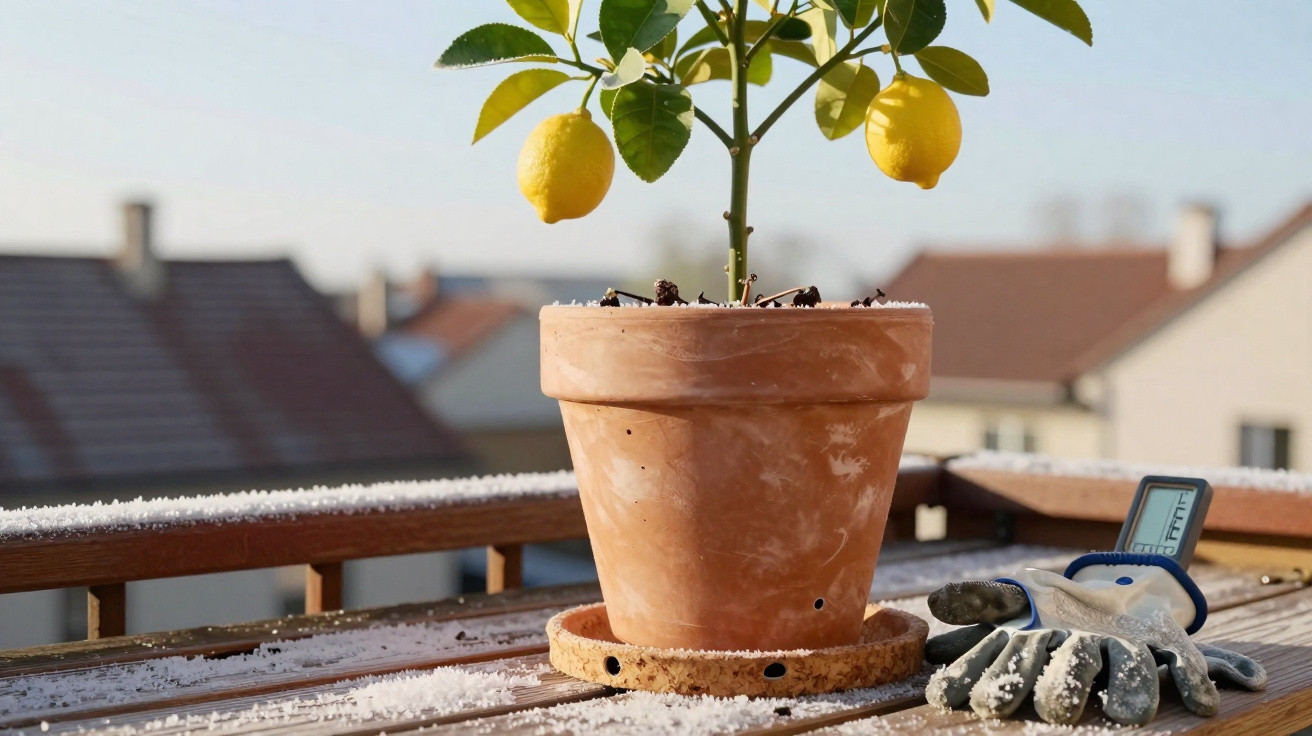 Lemon tree in terracotta pot on a wooden table with gardening gloves and a weather meter outdoors.