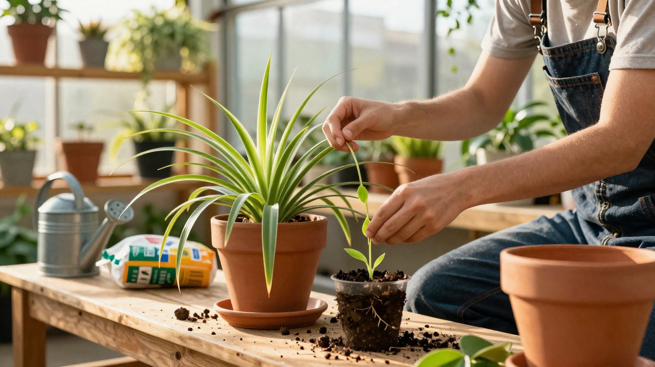 Person potting a young plant on a wooden table with gardening tools and plants in a bright indoor space.