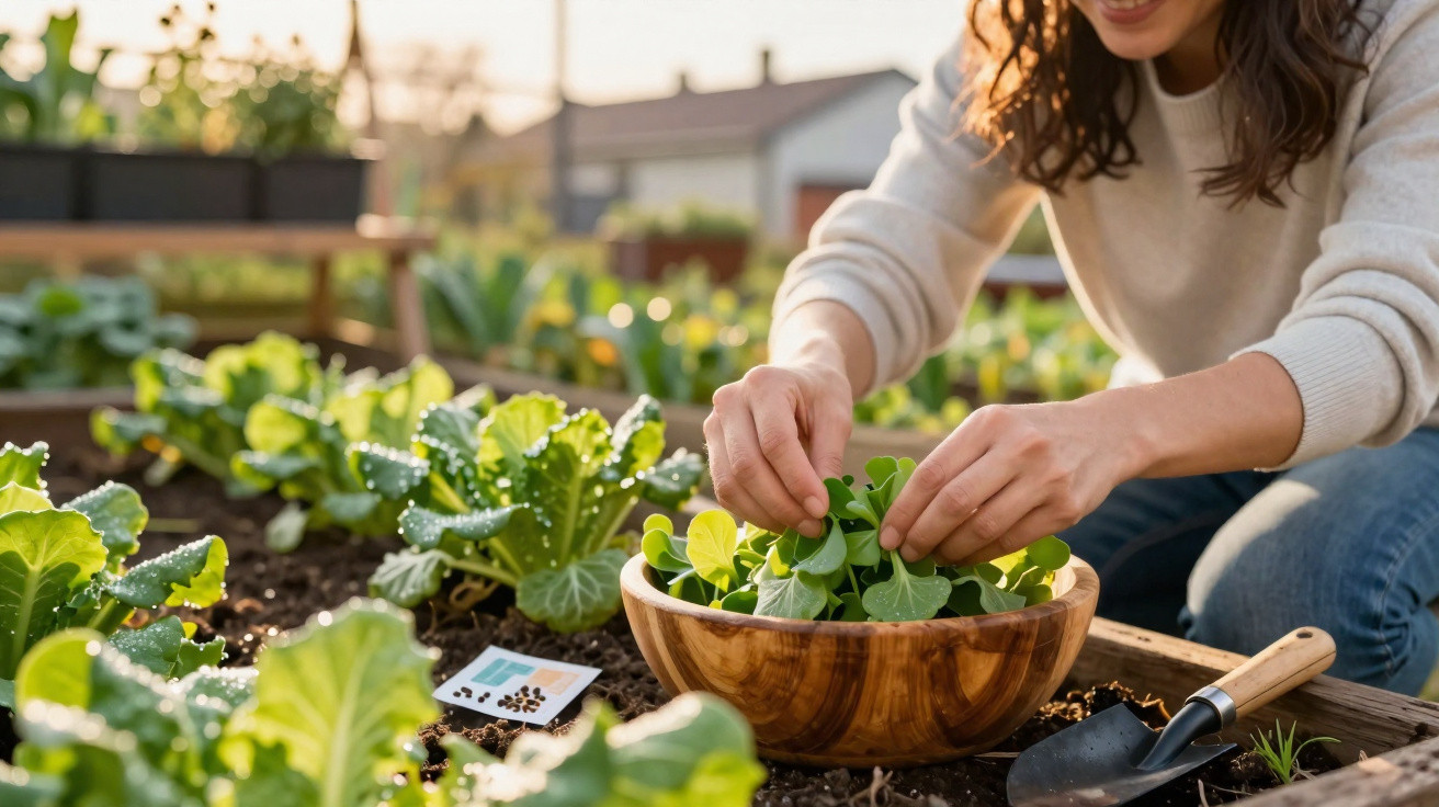 Person harvesting fresh greens into a wooden bowl in a sunlit garden with leafy plants around.