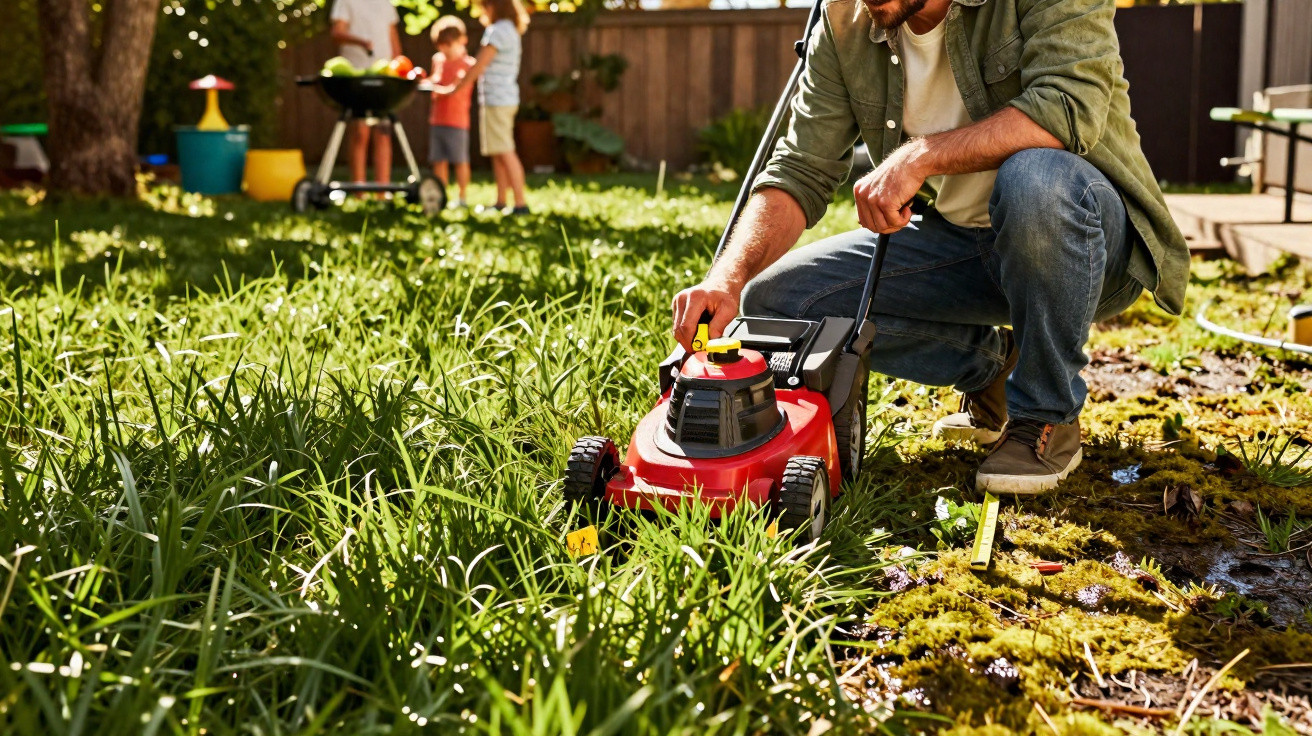 Man kneeling adjusting a red lawnmower on uncut grass in a sunny garden with children and barbecue in the background.