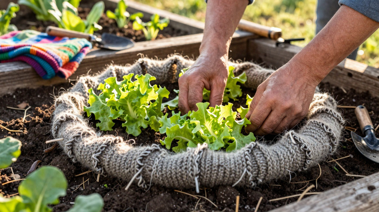 Hands tending green lettuce plants in a raised garden bed with gardening tools nearby on soil.