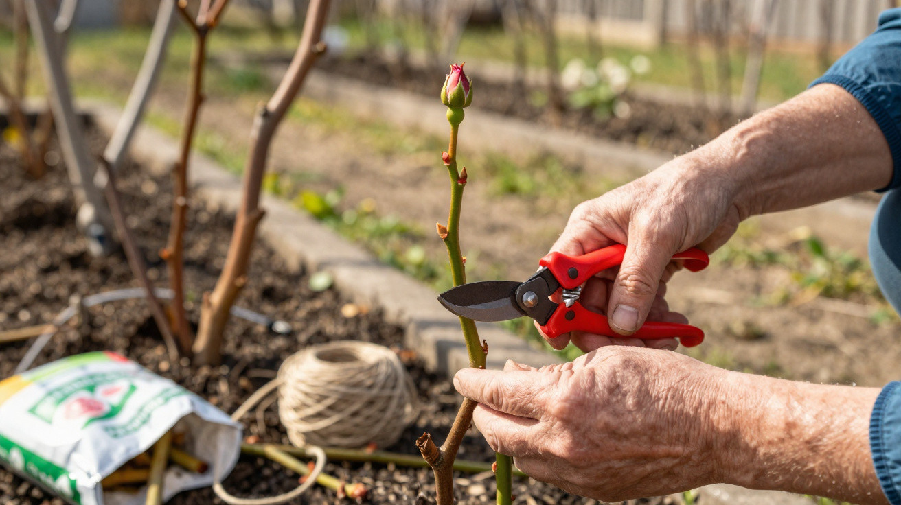 Hands using red pruning shears to trim a rose stem in a garden with gardening supplies nearby.