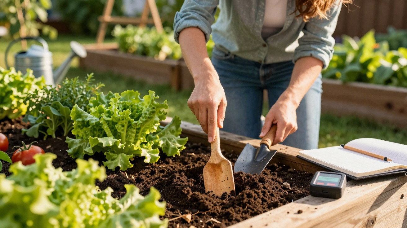 Person gardening in raised bed with trowel and wooden scoop, surrounded by lettuce and garden tools.