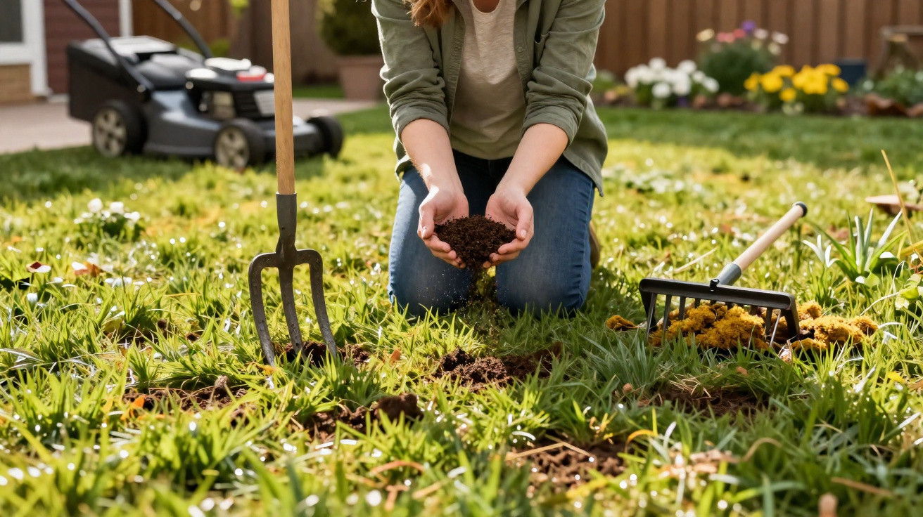 Person kneeling on grass holding soil with garden tools and a lawnmower in the background.