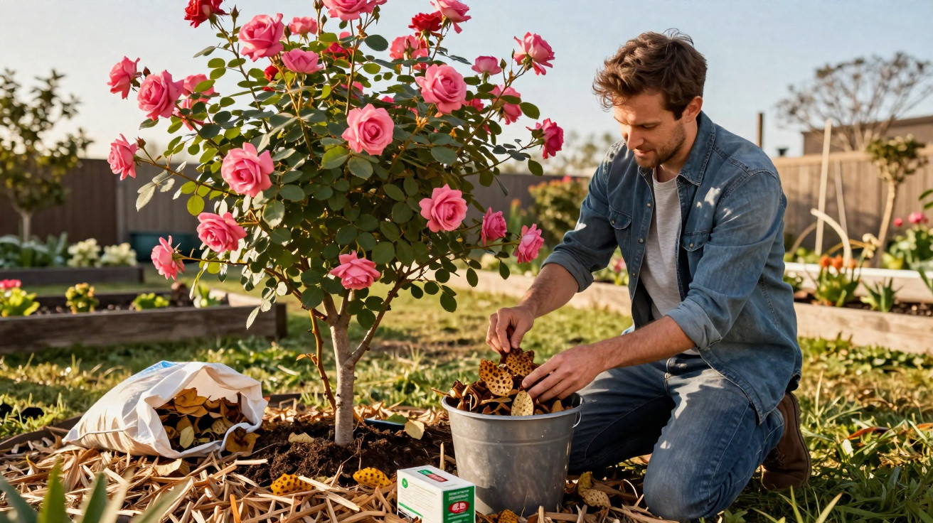 Man kneeling in a garden placing organic mulch around a blooming pink rose bush on a sunny day.