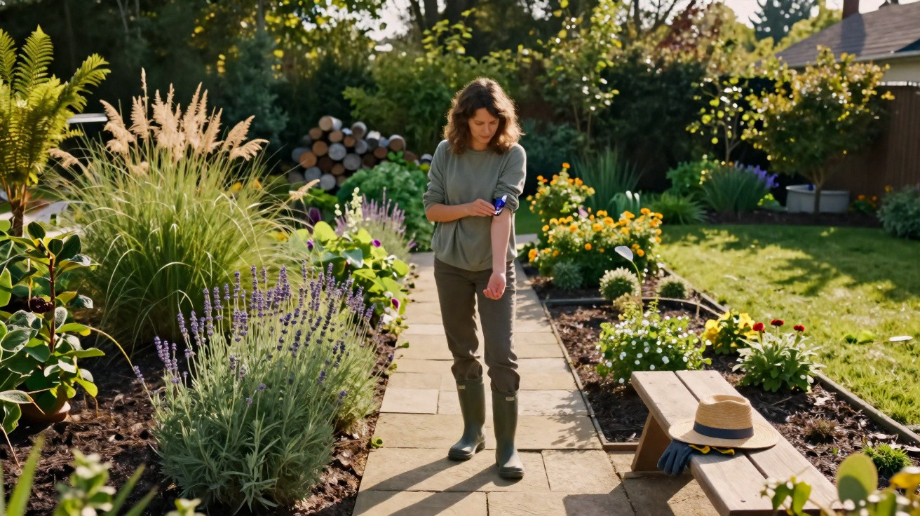 Woman wearing rubber boots in a sunlit garden path surrounded by lush plants and flowers, adjusting a device on her arm.