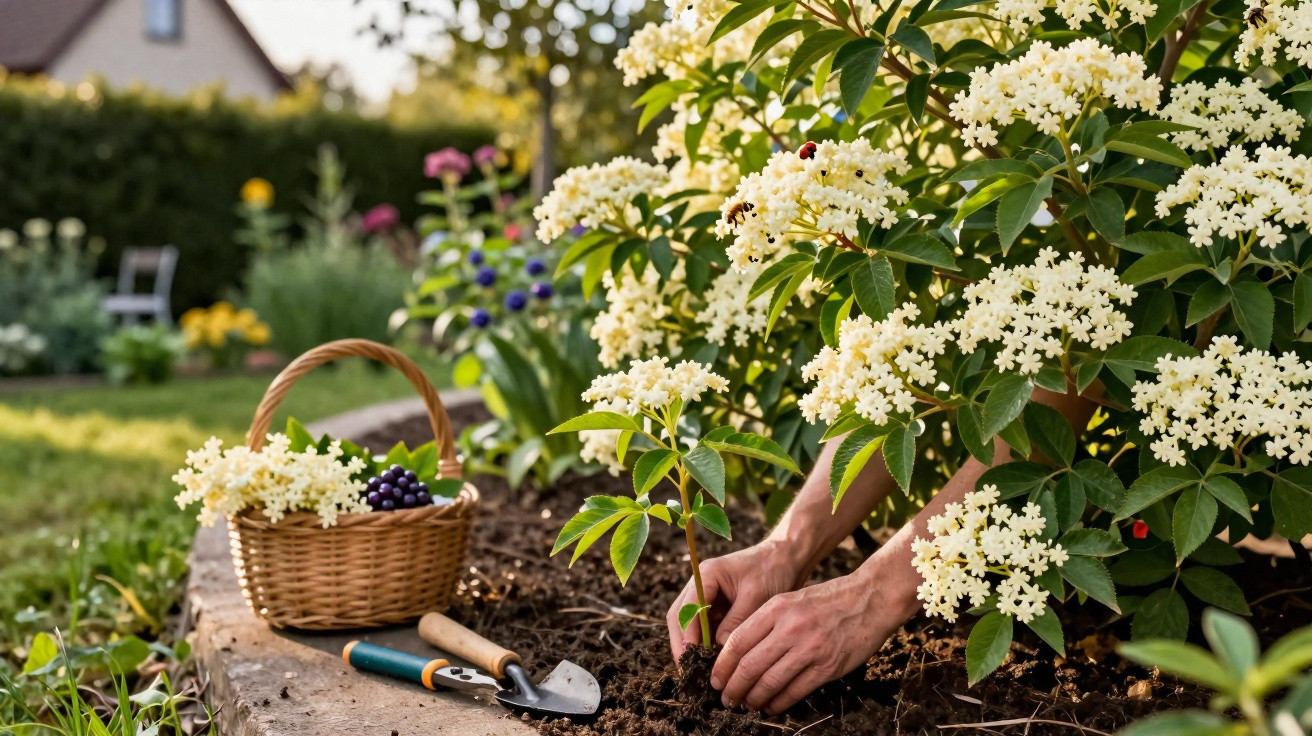 Hands planting a young shrub in a garden bed with a basket and gardening tools nearby on a sunny day.