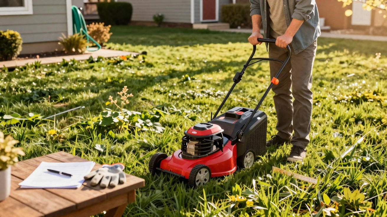 Person pushing a red lawn mower on an overgrown grassy garden beside a wooden table with gloves and papers.