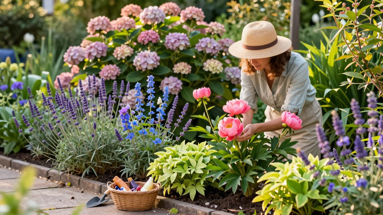 Woman in a straw hat tending to pink peonies in a vibrant garden with lavender and hydrangeas.