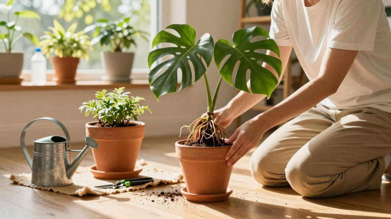 Person repotting a Monstera plant indoors with gardening tools and a watering can nearby on wooden floor.
