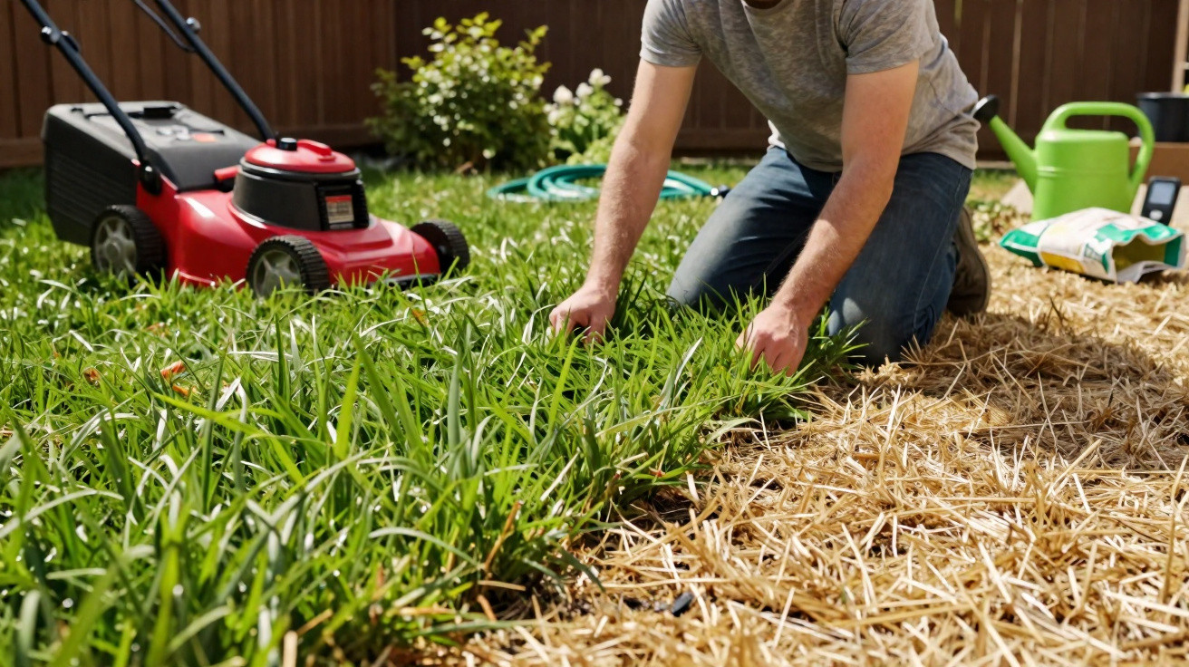 Person kneeling on grass patch next to a lawn mower and straw-covered garden bed with watering can nearby
