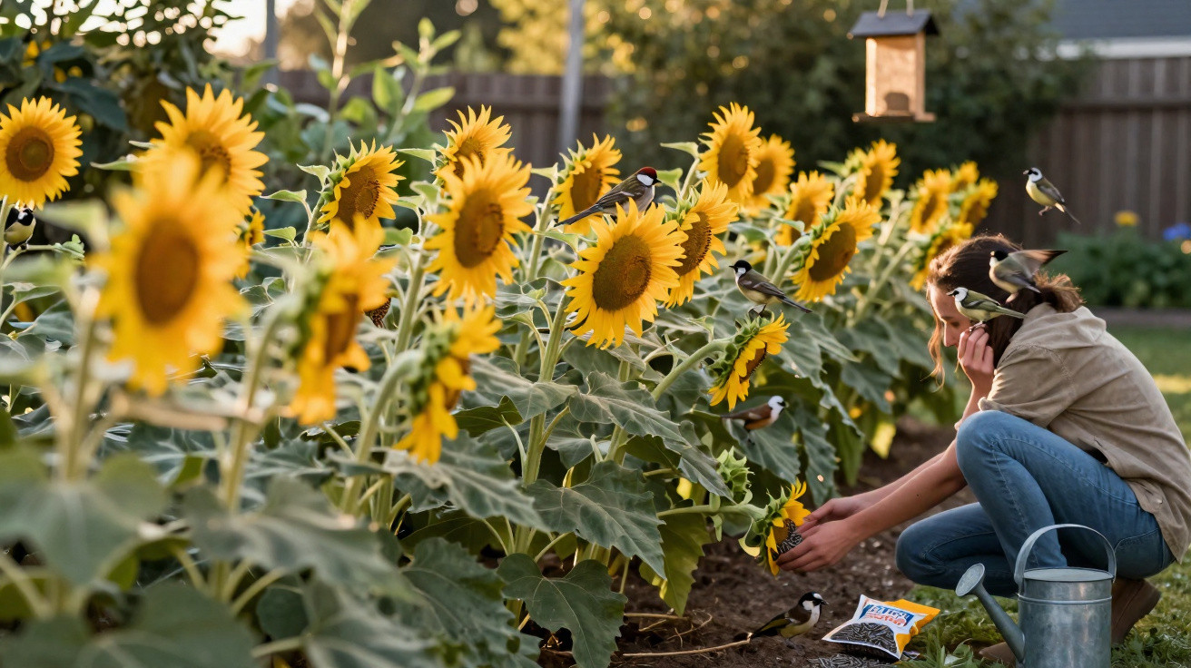 Person feeding birds among tall sunflowers in a garden with bird feeder and watering can nearby.