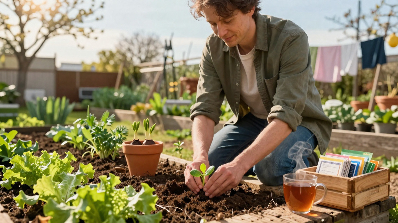 Man planting seedlings in a garden bed surrounded by plants, tea, and seed packets on a sunny day.
