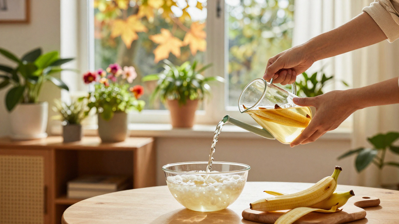 Hands pouring liquid from a jug into a glass bowl on a wooden table with bananas and plants in the background.