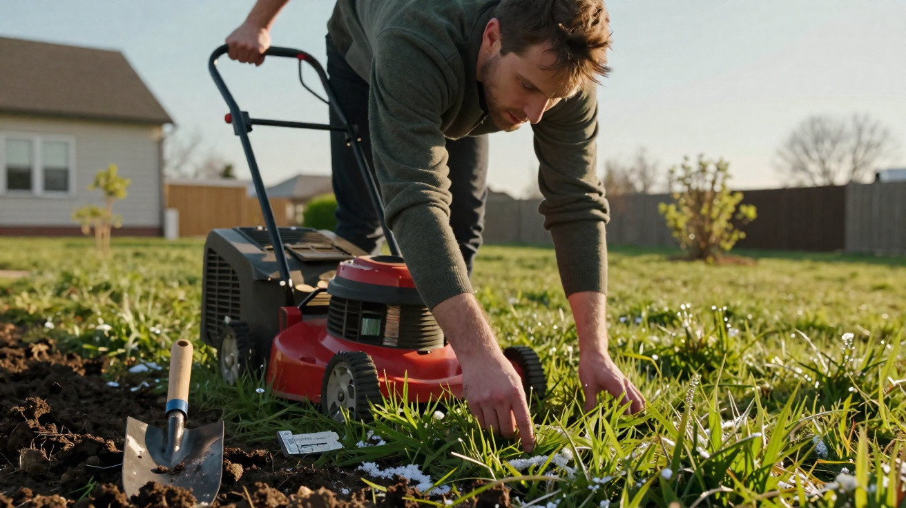 Man kneeling in garden adjusting lawn mower surrounded by green grass, plants, and gardening tools.