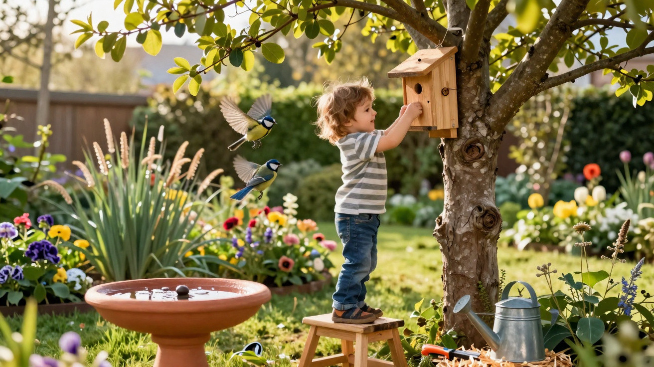 Young boy standing on a stool near a tree, interacting with a birdhouse, surrounded by flowers and birds in a garden.