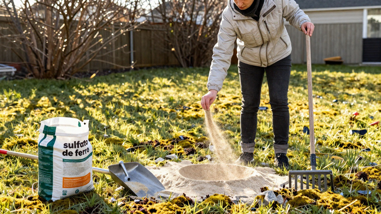 Person spreading iron sulfate powder on a lawn patch with gardening tools nearby on a sunny day.