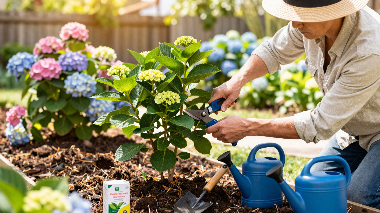 Person pruning green hydrangea plant in garden with pink and blue hydrangeas in background on sunny day.