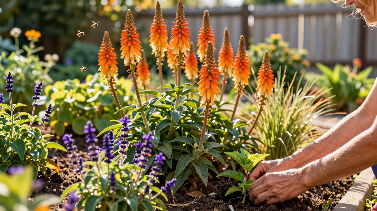 Person gardening in a flowerbed with orange torch lilies and purple flowers under sunlight.