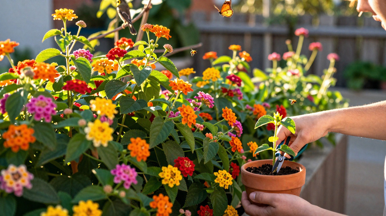 Hands trimming a small plant in a terracotta pot beside colourful blooming flowers in a sunlit garden.