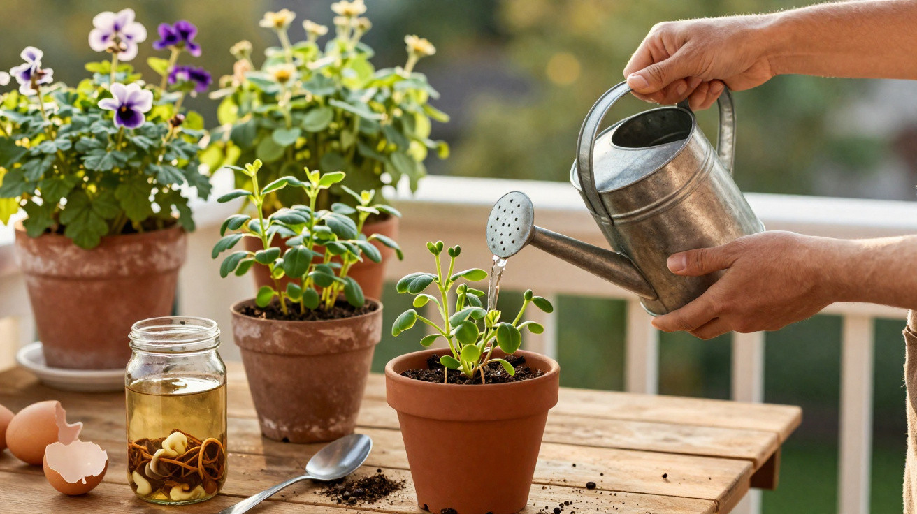 Hands watering a potted plant on a wooden table with other plants and gardening items nearby.