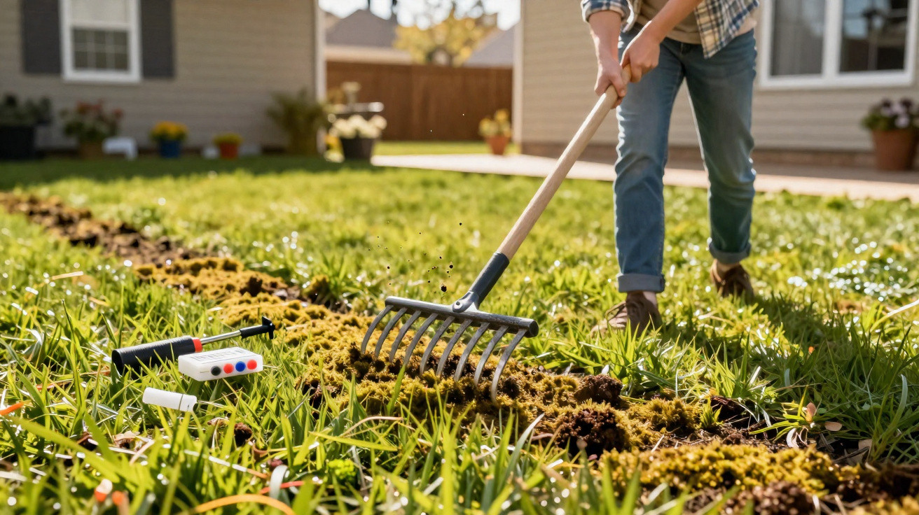 Person using a rake to loosen soil in a garden bed with gardening tools on green grass nearby.