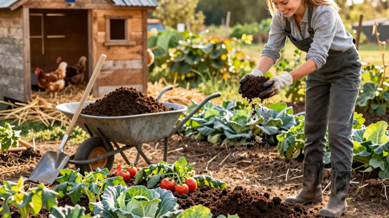 Woman gardening with soil, wheelbarrow, shovel, and growing vegetables near a wooden chicken coop.