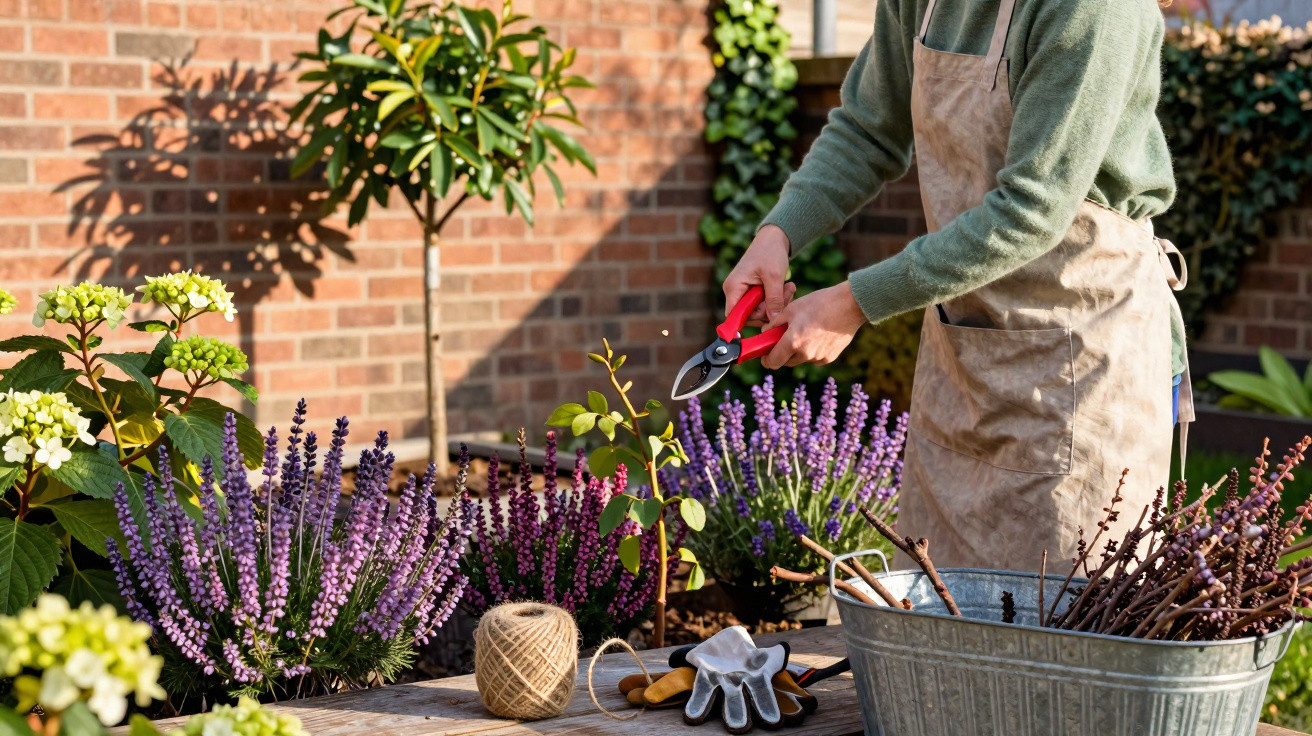 Person in apron pruning plants with secateurs in a garden with lavender and hydrangea flowers.