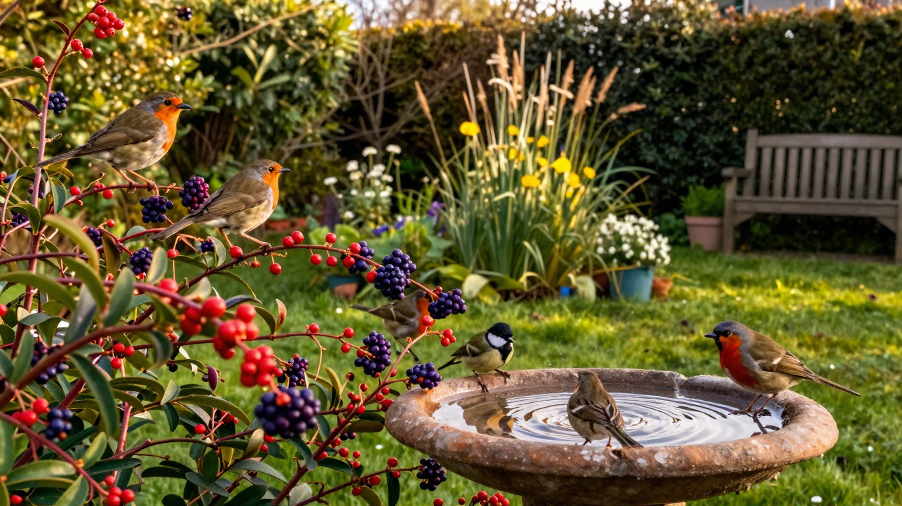 Robins and small birds perched on berries and birdbath in a sunny garden with flowers and a bench.