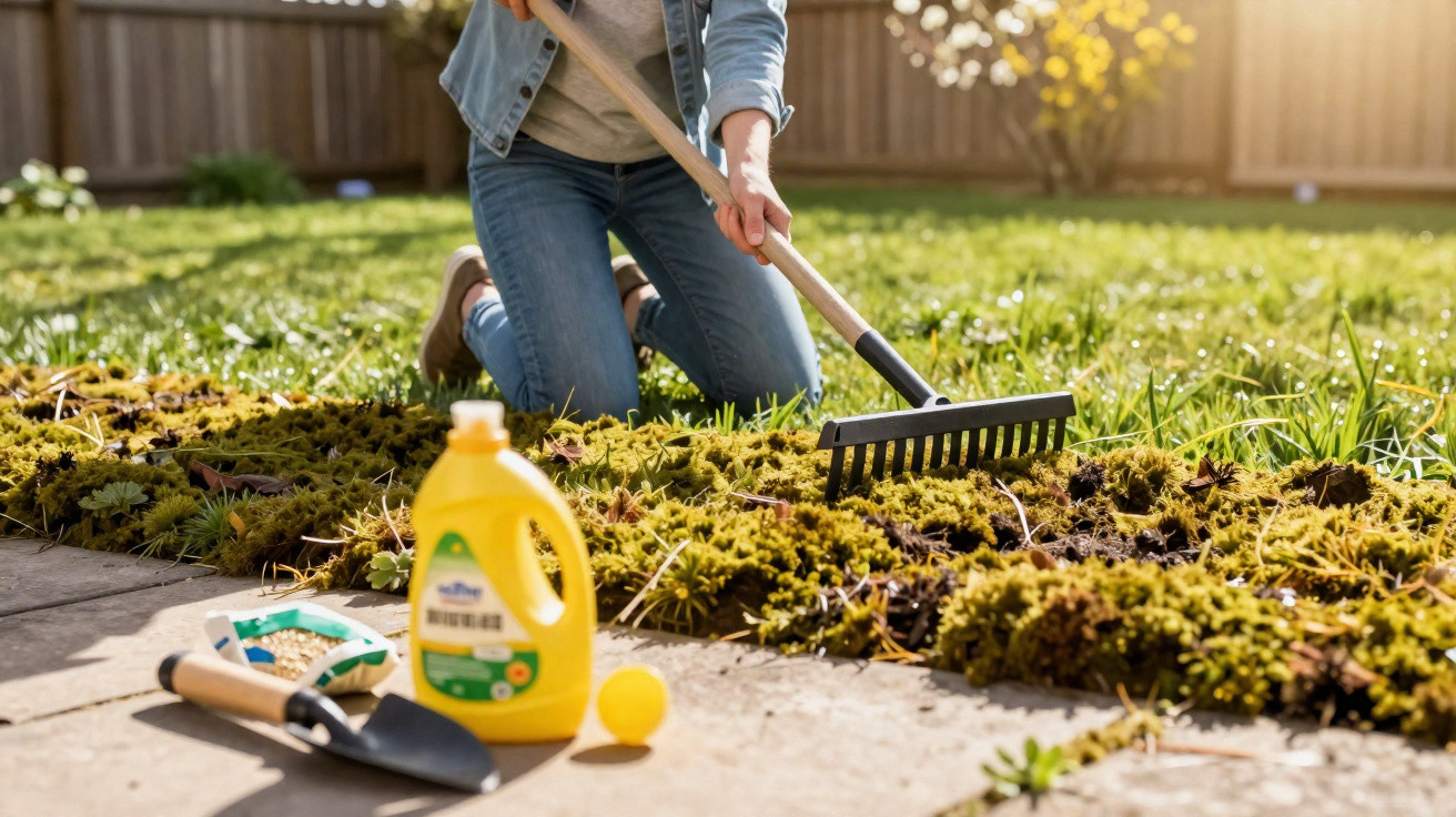 Person raking soil in garden bed near lawn with gardening tools and fertiliser on patio.