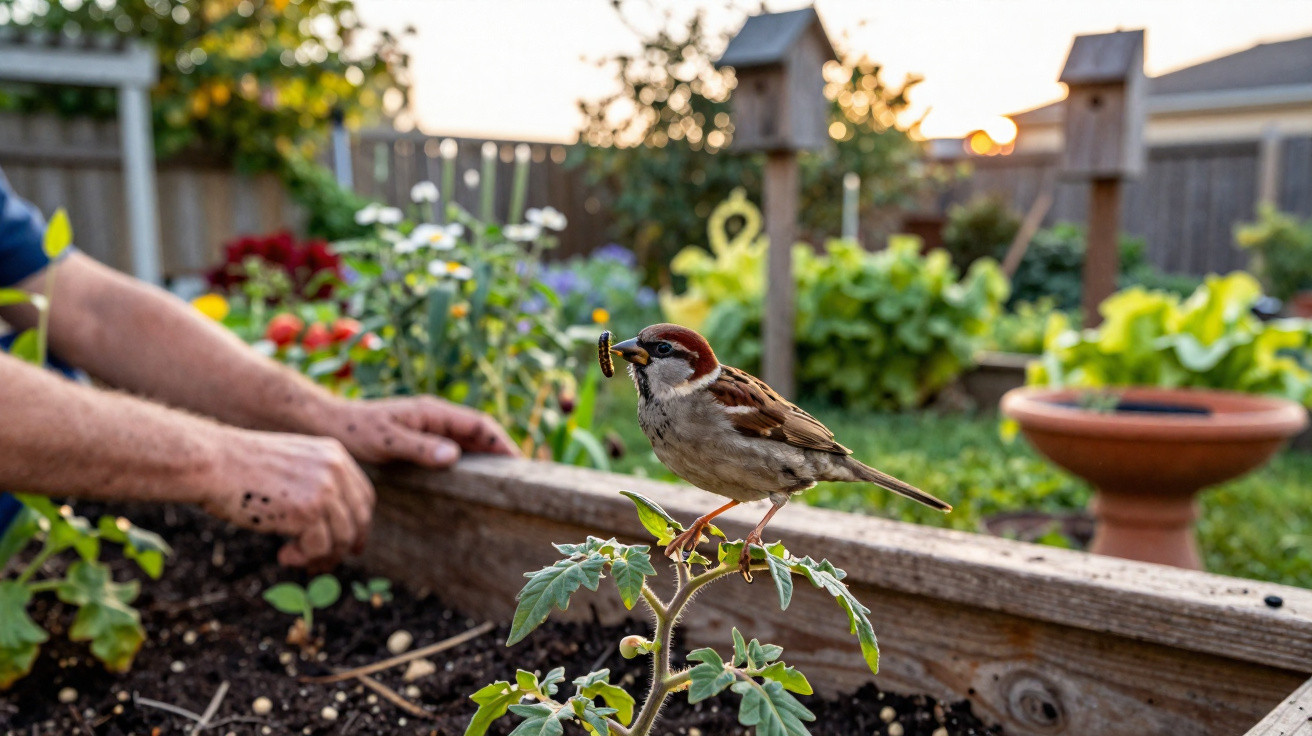 A sparrow perched on a plant holding a worm in its beak in a garden with a person’s hands in the background.