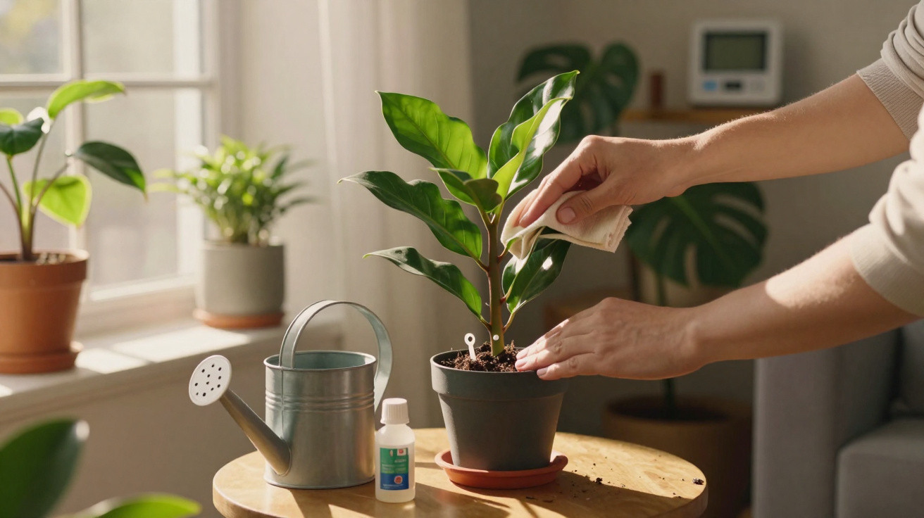Hands cleaning leaves of a healthy green potted plant on a wooden table near a watering can and plant care bottle.