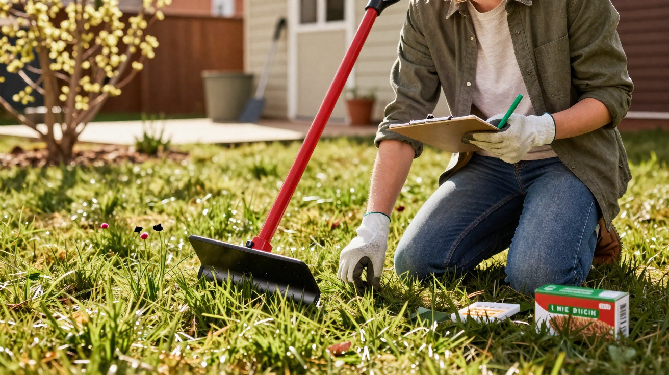 Person kneeling on grass using a hoe and clipboard, surrounded by gardening tools and seed packets.