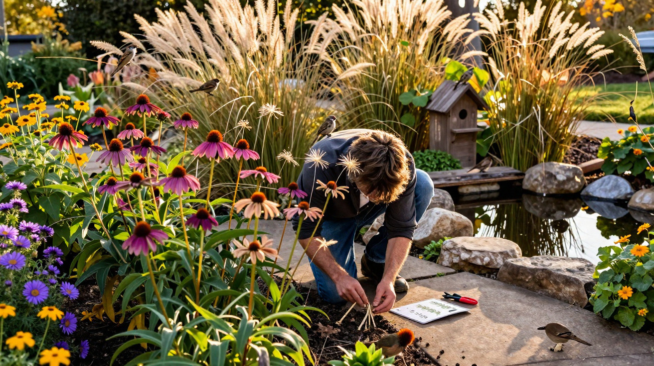 Person gardening among colourful flowers near a pond with ornamental grasses in warm sunlight.