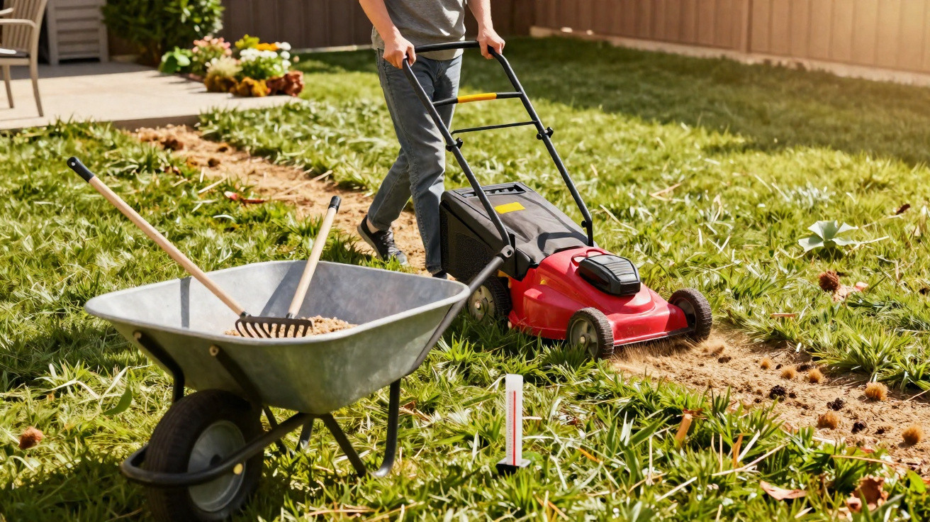 Person using red lawn mower on grass with wheelbarrow containing gardening tools nearby in backyard.