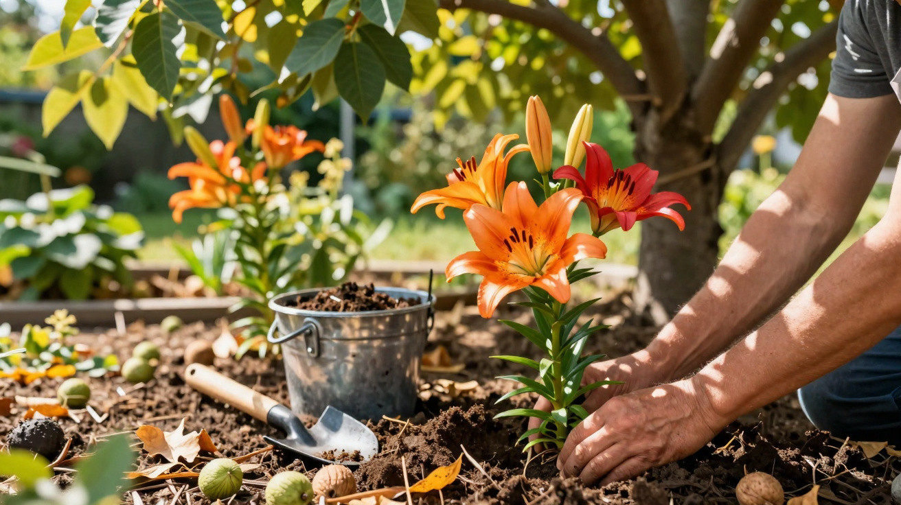 Person planting vibrant orange and red lilies in garden soil on a sunny day with gardening tools nearby.