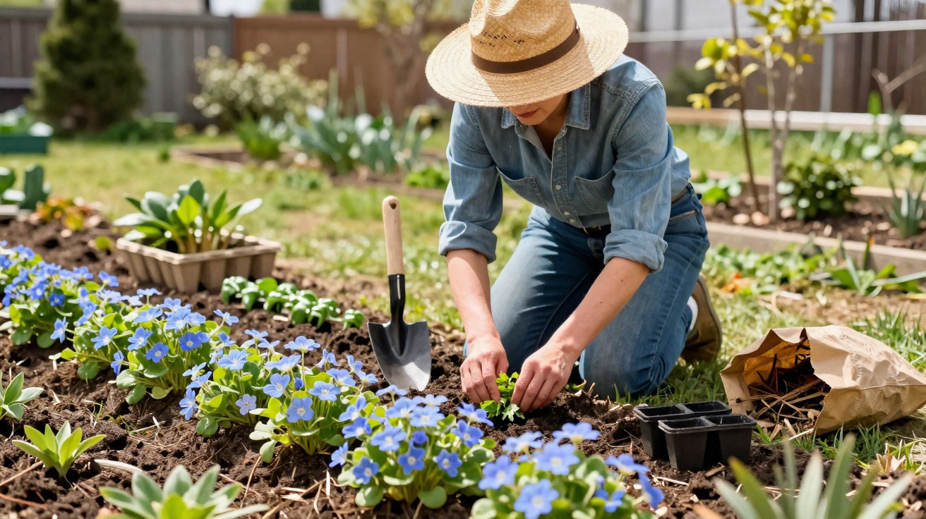 Person wearing a straw hat and denim outfit gardening, planting seedlings in a flower bed with blue flowers.